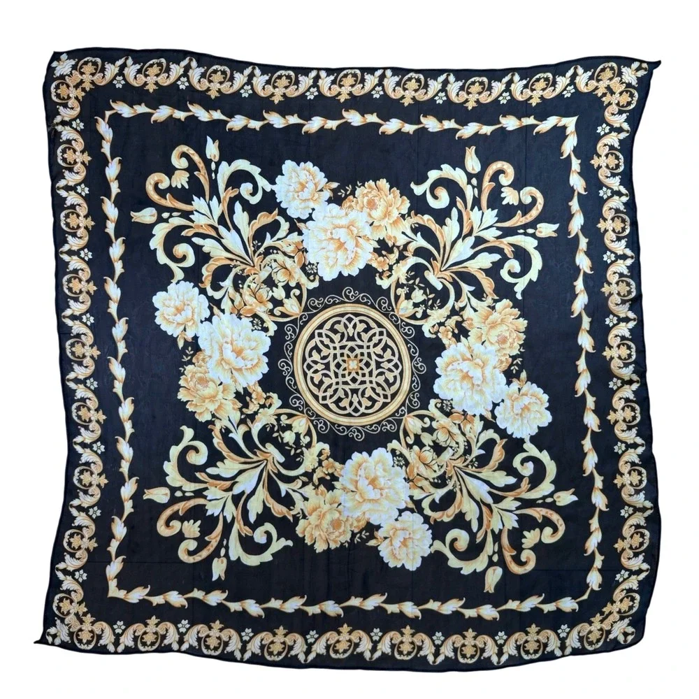 Baroque Floral Scarf Black‎ Gold Cream Ornate Square Vintage Style 27x27 Scroll